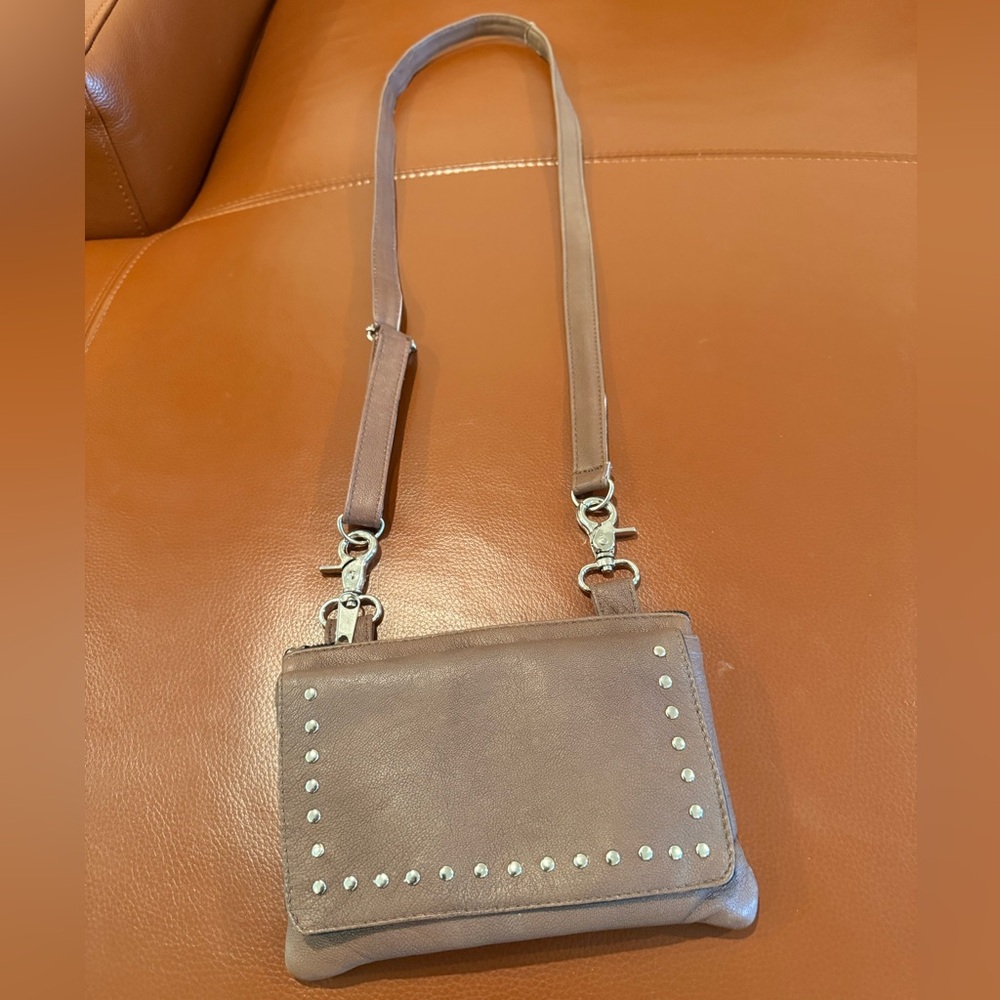 Studded Brown Faux Leather Crossbody Bag Small Phone Wallet Keys Lipgloss